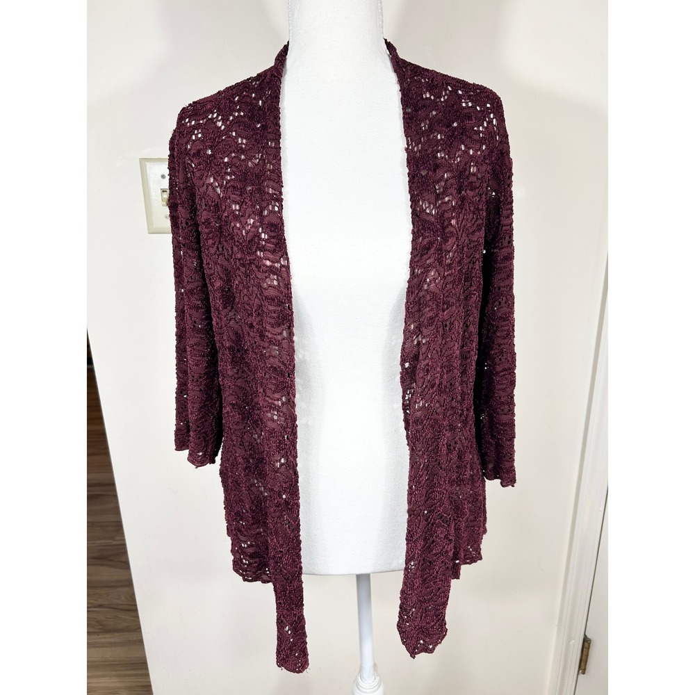 Shannon Ford Cardigan Women S Burgundy Velvet Crochet Knit Open Front Whimsigoth
